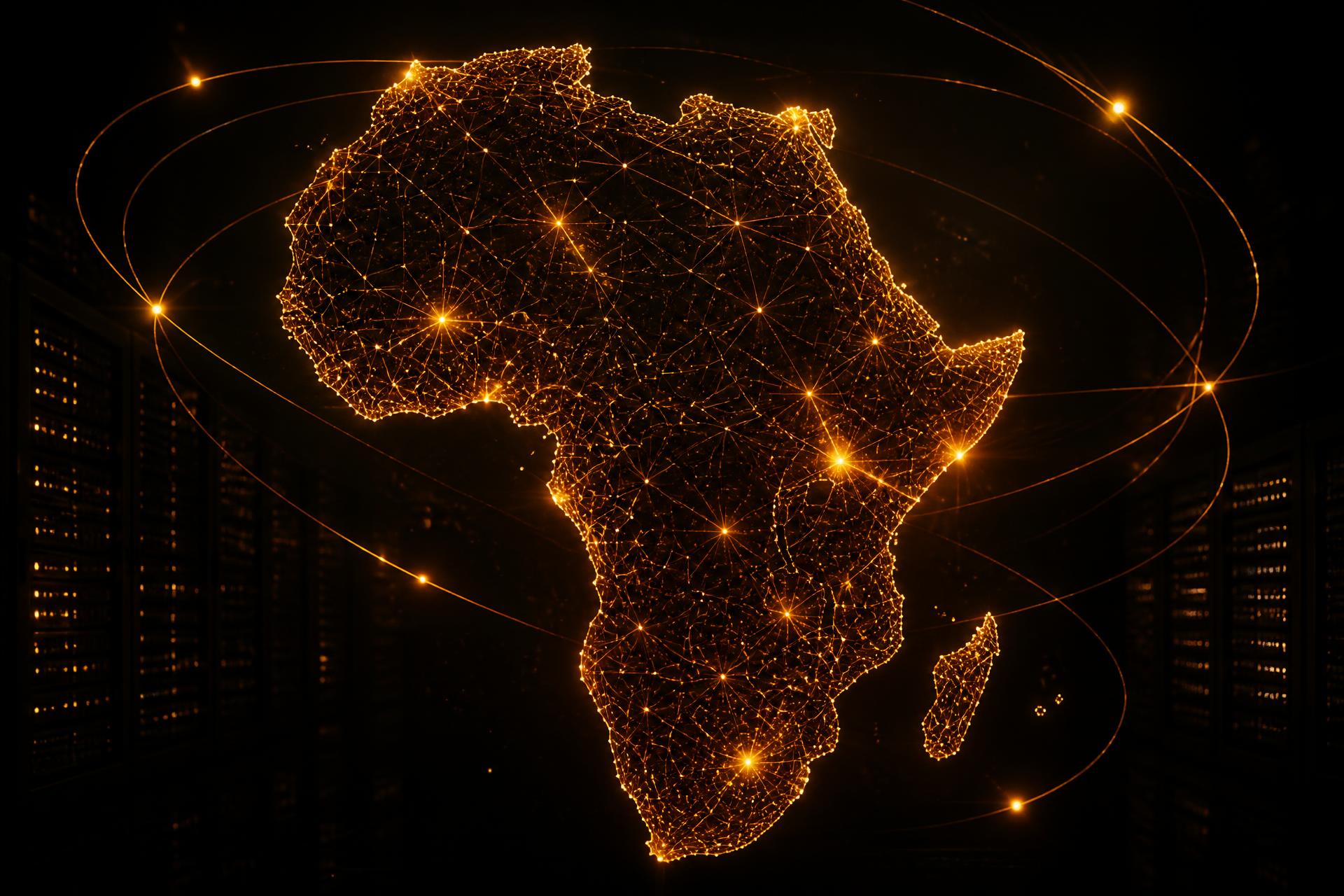 Illustration of Africa formed from glowing connected network nodes above datacenter racks